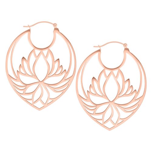 Roségoldene Lotus Hoops Ohrringe mit Klappverschluss auf weißem Hintergrund