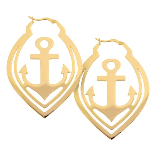 Zwei goldene Anchor Hoops Ohrringe auf weißem Hintergrund