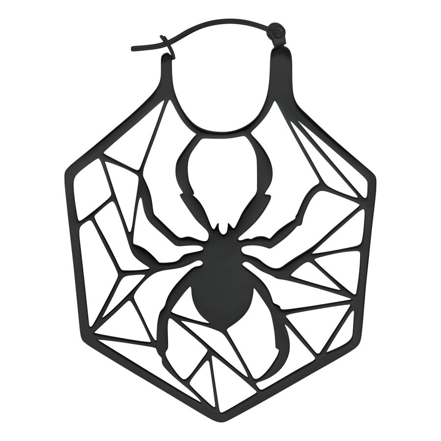 Schwarze Edelstahl-Ohrringe im Spinnennetz-Design auf weißem Hintergrund