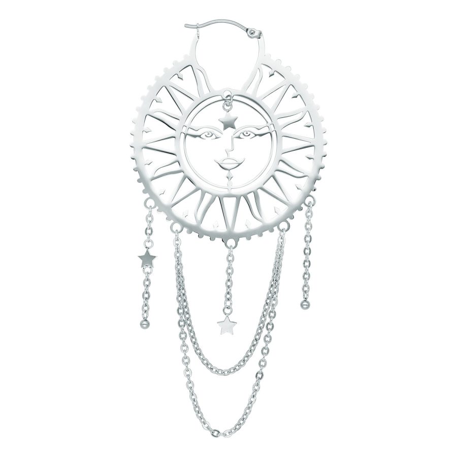 Silberne Oldschool Sun Moon Ohrringe mit Sonne-Mond-Design auf weißem Hintergrund