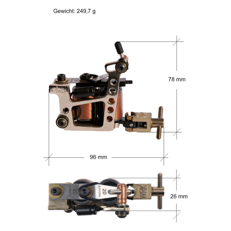 Bronze Gun II Tattoomaschine aus Messing mit Kupferspule auf weißem Hintergrund
