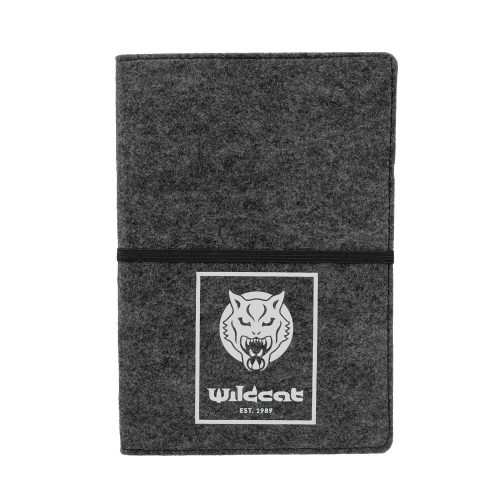 Graues Notizbuch aus Filz mit Wildcat Logo und elastischem Band