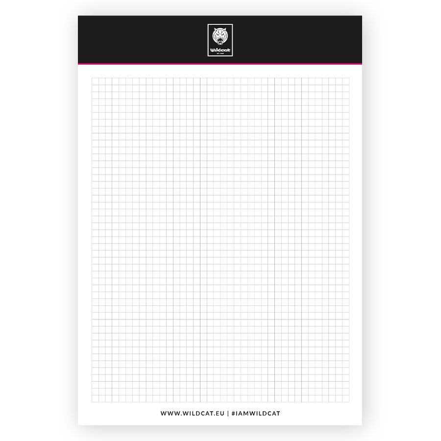 Weißer DIN A4 Block mit kariertem Papier und Wildcat-Logo oben