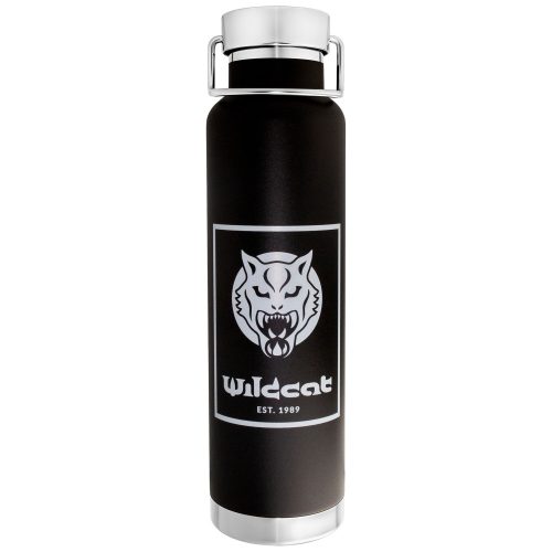 Schwarze Vakuum Isolierflasche mit Wildcat Logo auf weißem Hintergrund