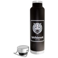 Schwarze Vakuum Isolierflasche mit Wildcat Logo auf weißem Hintergrund
