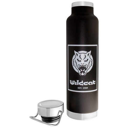 Schwarze Vakuum Isolierflasche mit Wildcat Logo auf weißem Hintergrund