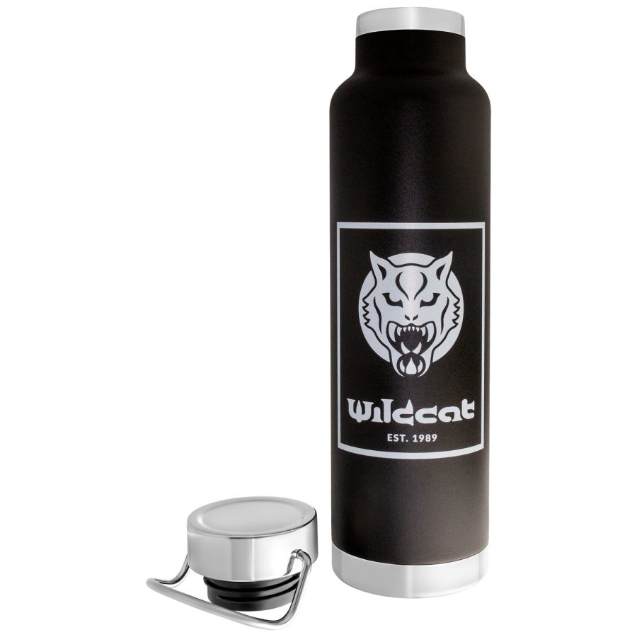 Schwarze Vakuum Isolierflasche mit Wildcat Logo auf weißem Hintergrund
