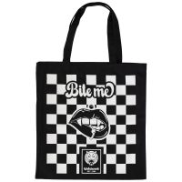 Schwarze Baumwolltasche mit weißem Schachbrettmuster und 'Bite Me' Schriftzug