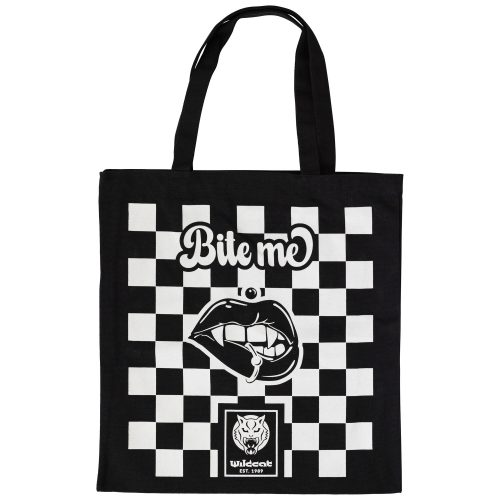 Schwarze Baumwolltasche mit weißem Schachbrettmuster und 'Bite Me' Schriftzug