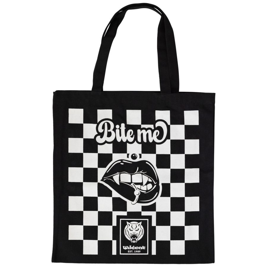 Schwarze Baumwolltasche mit weißem Schachbrettmuster und 'Bite Me' Schriftzug
