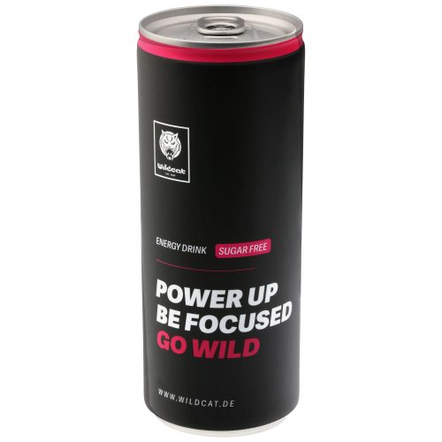 Schwarze Wildcat Energy Drink Dose mit pinkem Text auf weißem Hintergrund