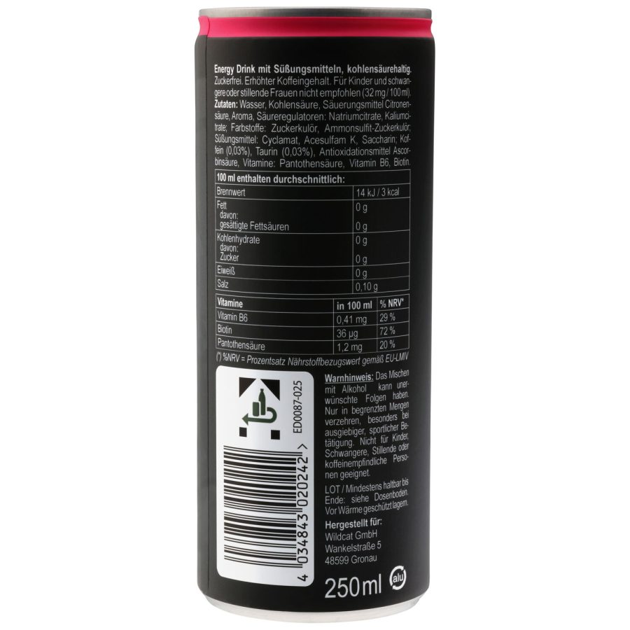 Rückseite einer schwarzen Wildcat Energy Drink Dose mit Nährwertangaben