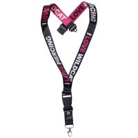 Schwarzes Lanyard mit pinkem und weißem Text 'I LOVE PIERCING' und 'I LOVE WILDCAT' auf weißem Hintergrund