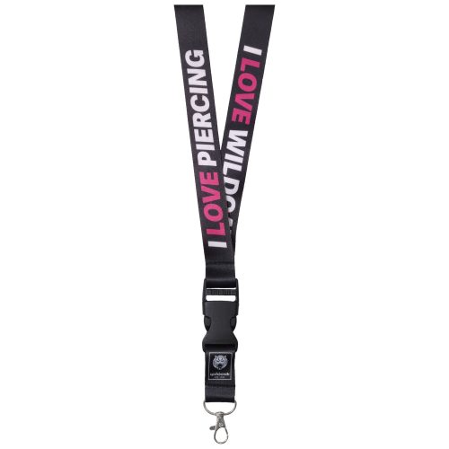 Schwarzes Lanyard mit weißem und pinkem I LOVE PIERCING Text, Metallhaken