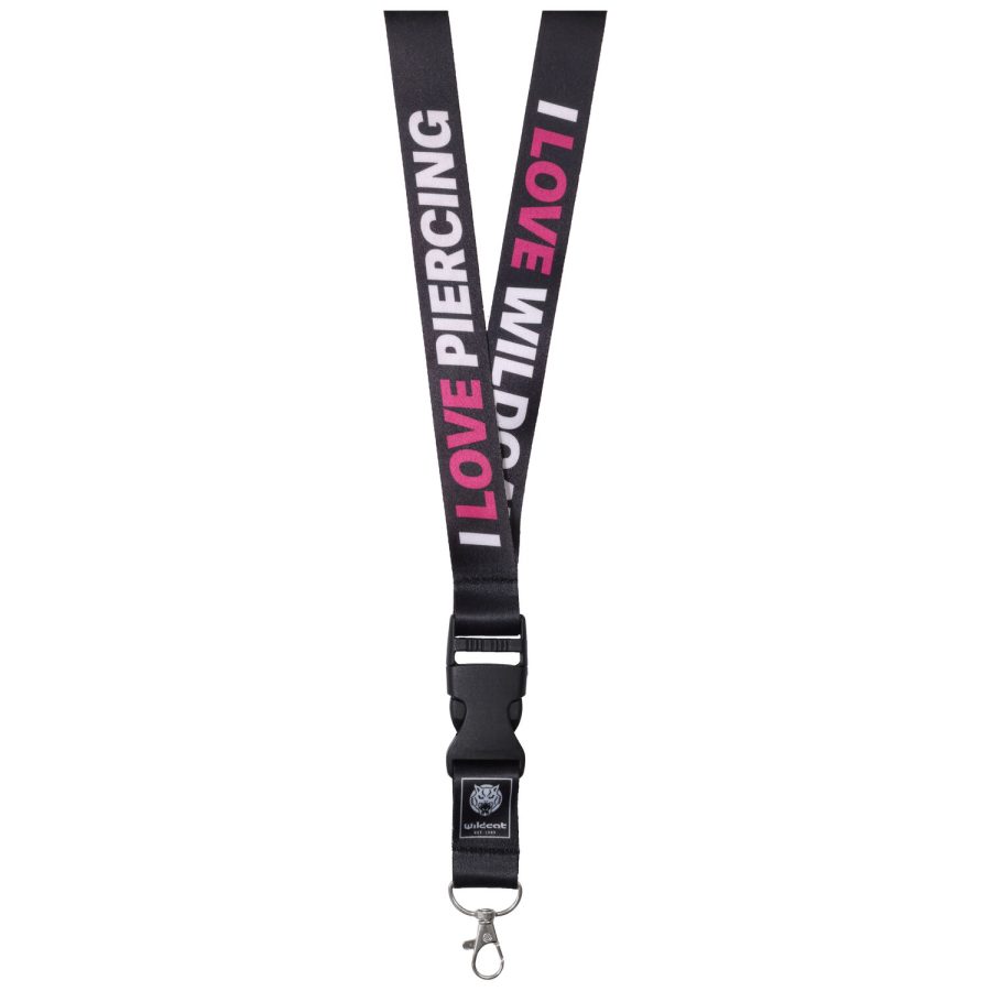 Schwarzes Lanyard mit weißem und pinkem I LOVE PIERCING Text, Metallhaken