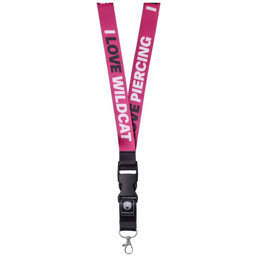 Langes pinkes Schlüsselband mit schwarzem Clip und Schriftzug 'I LOVE WILDCAT' und 'I LOVE PIERCING' auf weißem Hintergrund