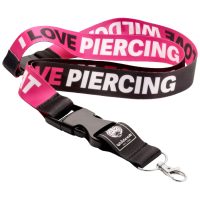 Pink-schwarzes Wildcat Lanyard mit 'I LOVE PIERCING' Aufschrift und Metallclip