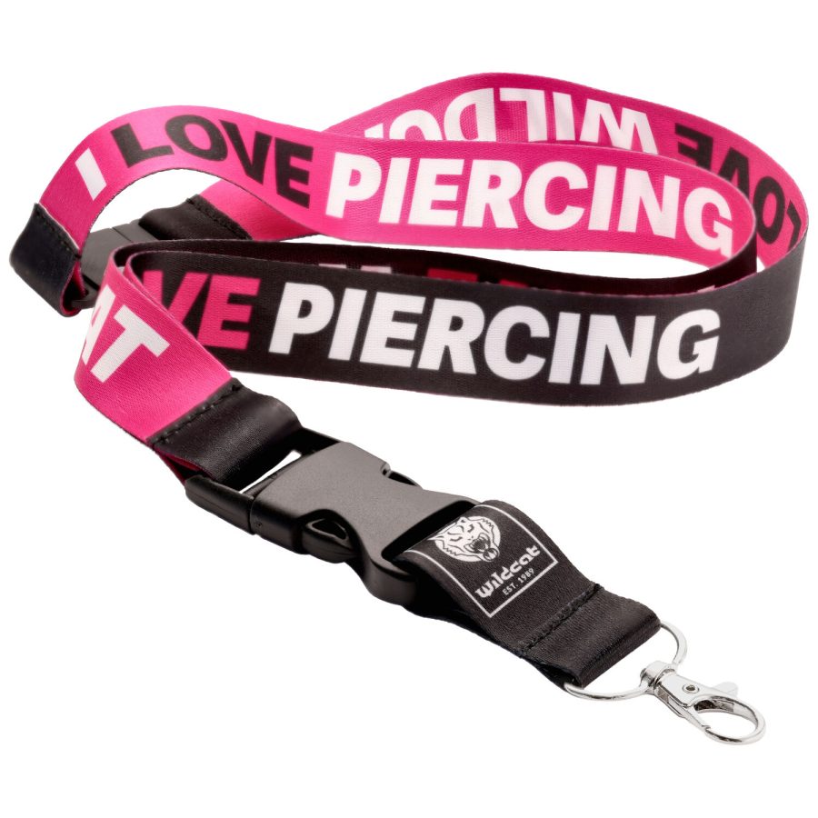 Pink-schwarzes Wildcat Lanyard mit 'I LOVE PIERCING' Aufschrift und Metallclip