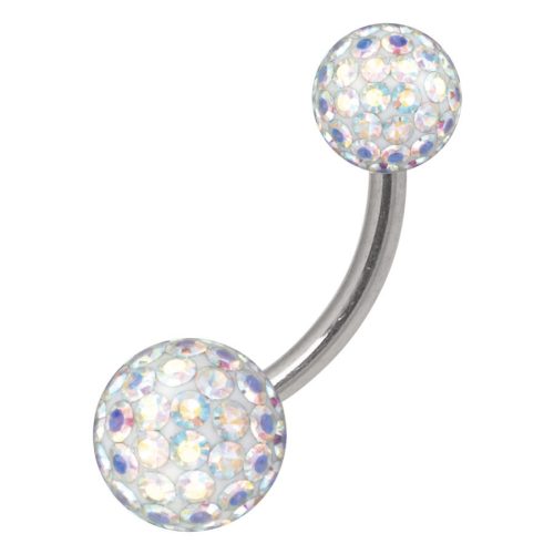 Bauchnabelpiercing mit Aurora Boreale Steinen auf weißem Hintergrund