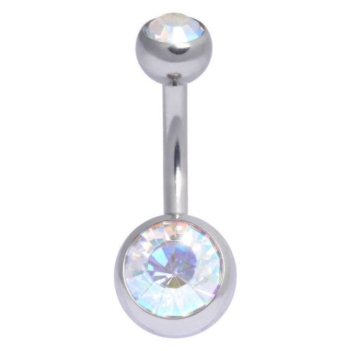 Silbernes Bauchnabelpiercing mit Aurora Boreale Kristallen auf weißem Hintergrund