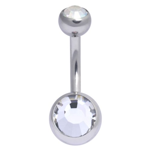 Silbernes Bauchnabelpiercing mit zwei klaren Kristallen auf weißem Hintergrund