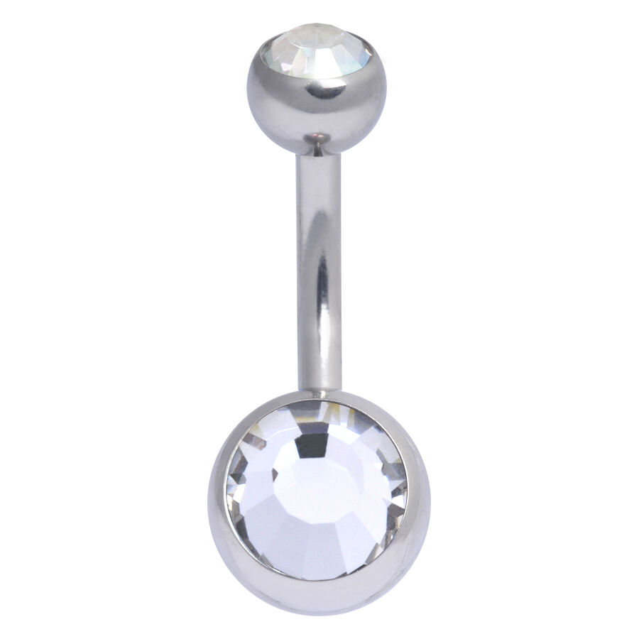 Silbernes Bauchnabelpiercing mit zwei klaren Kristallen auf weißem Hintergrund