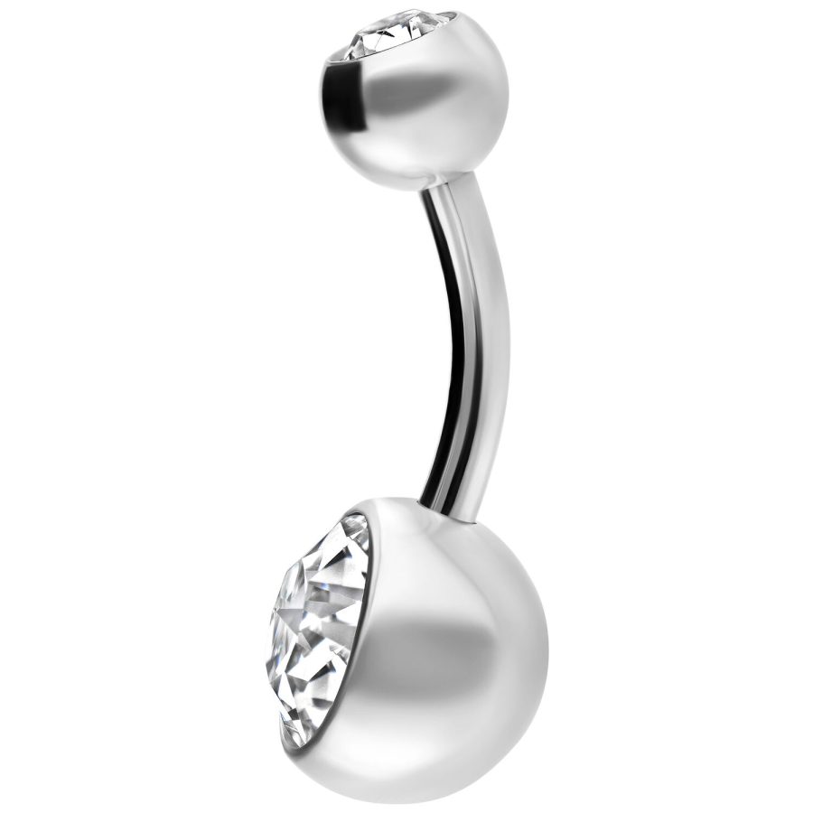 Silbernes Bauchnabelpiercing aus Titan mit zwei klaren Kristallen auf weißem Hintergrund