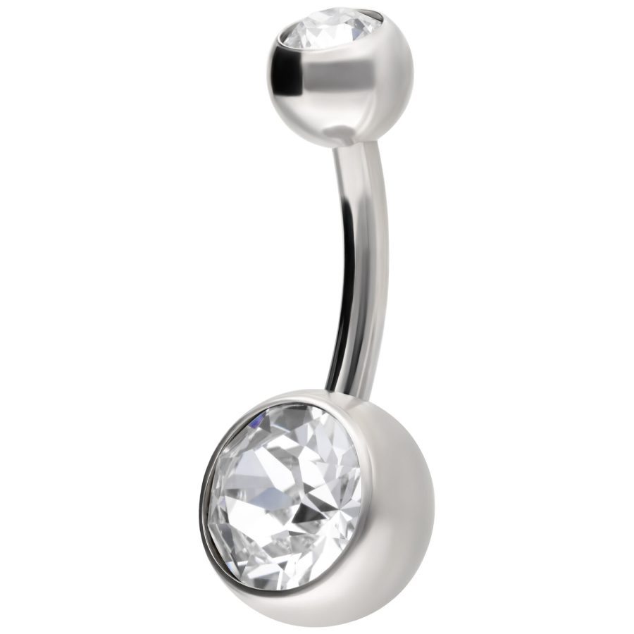 Glänzendes Titan-Bauchnabelpiercing mit zwei klaren Kristallen