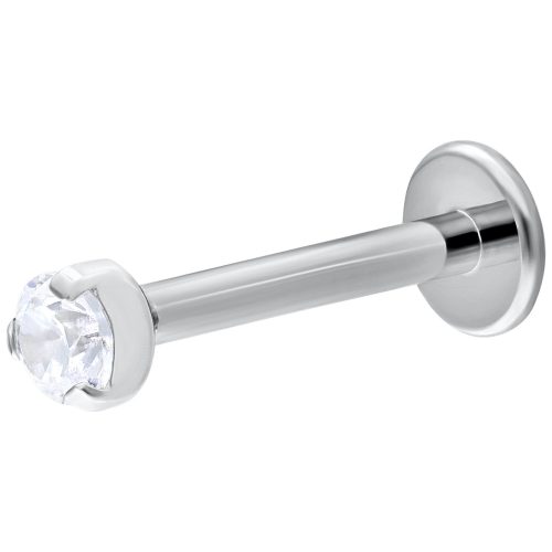 Weißgold Push-Fit Labret mit kristallklarem Stein, Länge 6 mm, Kugelgröße 2 mm, auf weißem Hintergrund