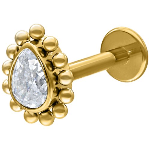 Labret aus goldfarbenem Titan mit Kristalltropfen, Push-Fit, auf weißem Hintergrund