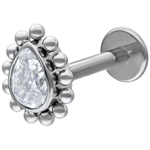 Weißgoldenes Labret mit tropfenförmigem Kristall auf weißem Hintergrund