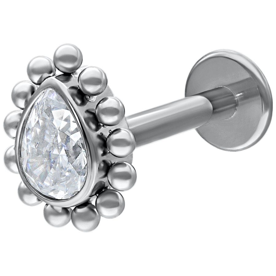 Weißgoldenes Labret mit tropfenförmigem Kristall auf weißem Hintergrund