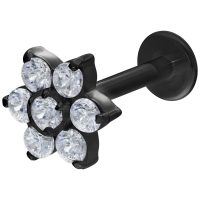 Schwarzes Labret mit kristallklaren Blumensteinen auf weißem Hintergrund