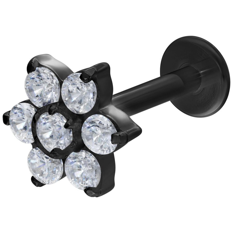Schwarzes Labret mit kristallklaren Blumensteinen auf weißem Hintergrund