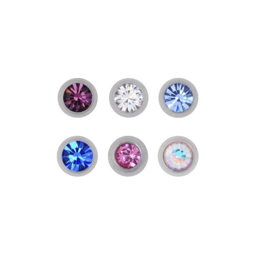 Sechs Titan-Piercingaufsätze mit klaren, blauen, rosa und bunten Kristallen auf weißem Hintergrund