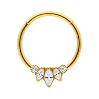 Goldener Titan Clicker Ring mit fünf klaren Zirkonia auf weißem Hintergrund