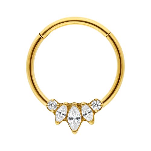 Goldener Titan Clicker Ring mit fünf klaren Zirkonia auf weißem Hintergrund