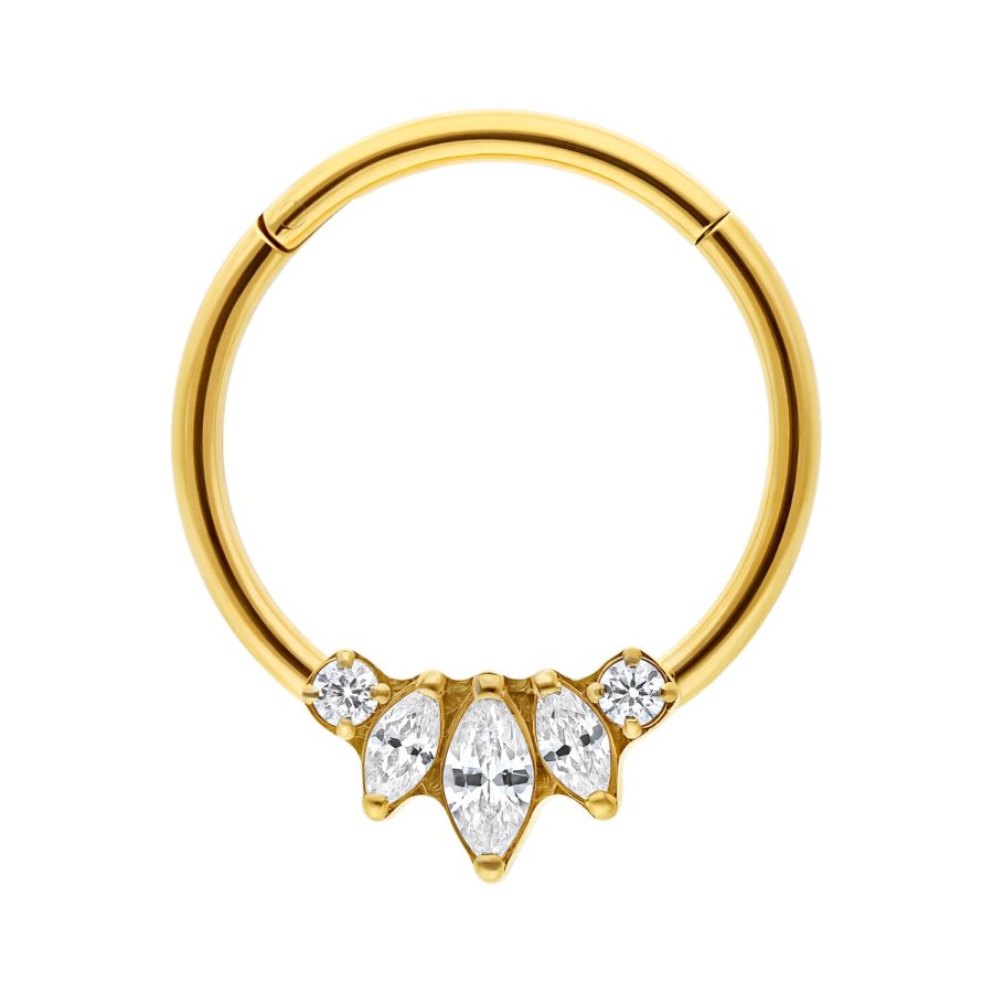 Goldener Titan Clicker Ring mit fünf klaren Zirkonia auf weißem Hintergrund