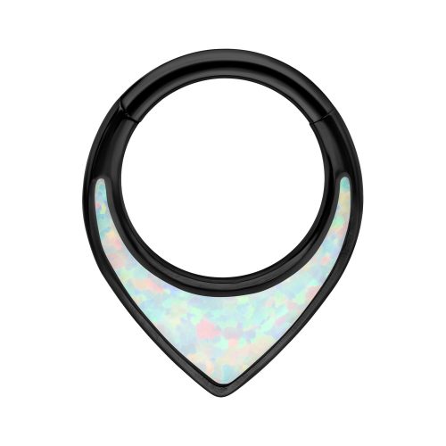Schwarzer Septum Clicker aus Titan mit synthetischem Opal auf weißem Hintergrund