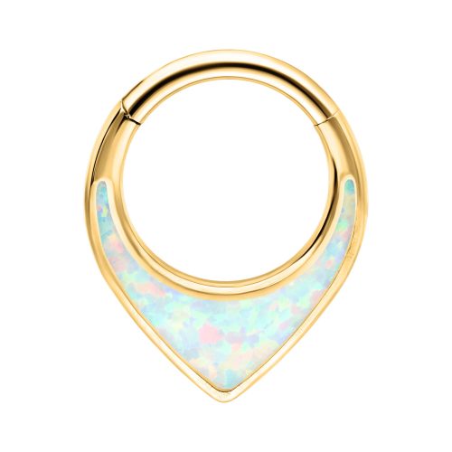 Goldenes Septum Clicker Piercing mit synthetischem Opal-Einsatz auf weißem Hintergrund