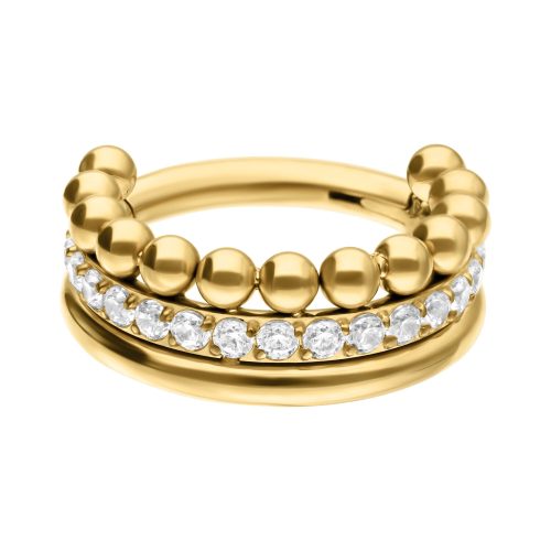 Goldener Piercing-Ring mit Kristallreihe und Kugeln auf weißem Hintergrund