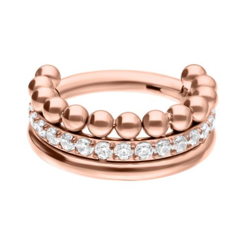 Roségoldener Triple Bubble Crystal Clicker mit weißen Kristallen, 12,0 mm Innendurchmesser auf weißem Hintergrund