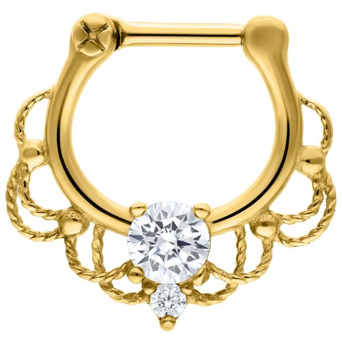 Goldener Septum Clicker mit zwei klaren Kristallen und dekorativen Details.