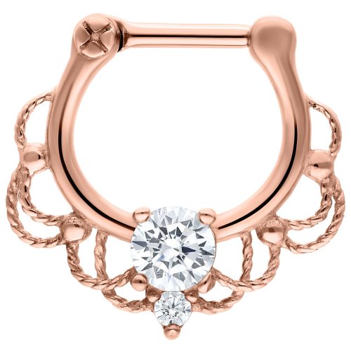 Roségoldener Septum Clicker mit klarem Kristall und dekorativen Elementen auf weißem Hintergrund