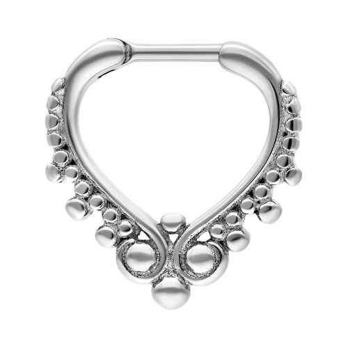Silberner Septum Clicker aus Chirurgenstahl mit verziertem Design auf weißem Hintergrund