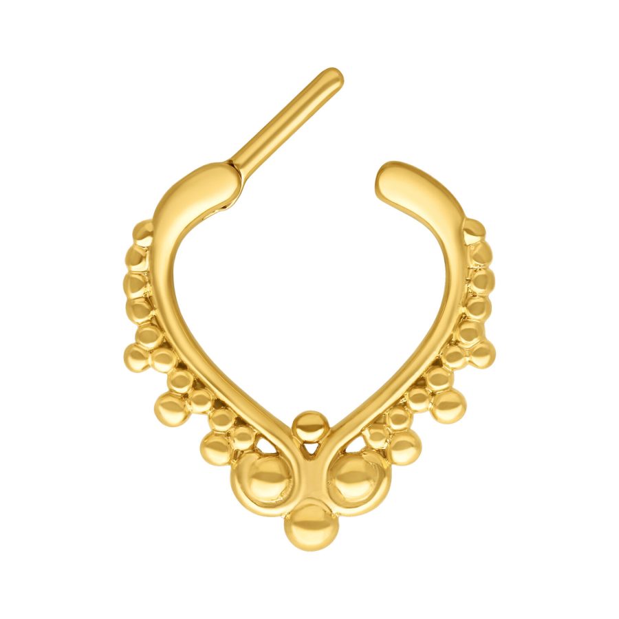 Goldener Septum Clicker mit Kugelverzierung auf weißem Hintergrund