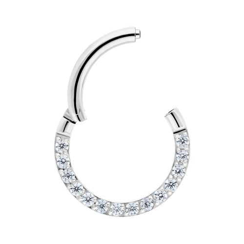 Silberner Pave Set Crystal Clicker mit klaren Kristallen auf weißem Hintergrund