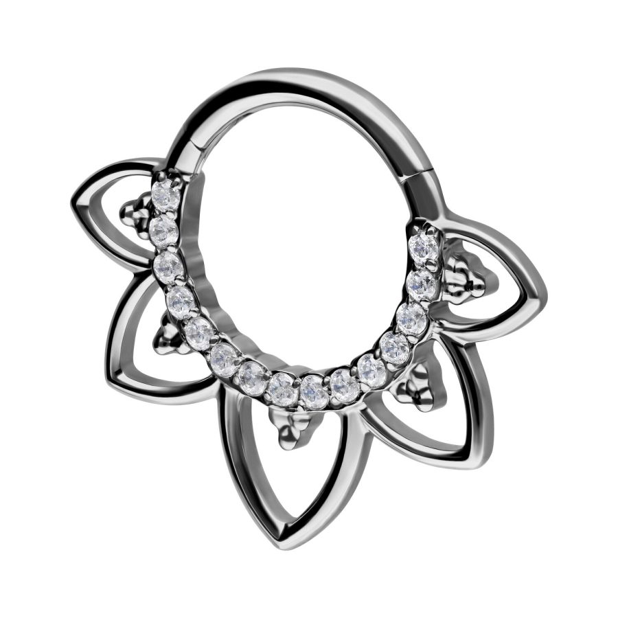 Silberner Septum Clicker aus Titan mit klaren Kristallsteinen