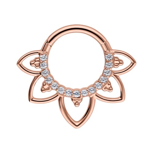 Roségoldener Septum Clicker mit kristallklaren Steinen in orientalischem Design auf weißem Hintergrund