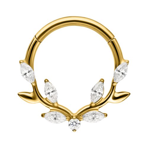 Goldener Septum Clicker mit Kristallblättern auf weißem Hintergrund